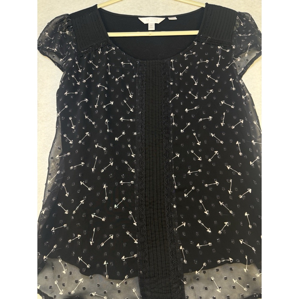LC Lauren Conrad Black‎ Arrow Print Blouse Lace Pintuck Front Sheer Size M